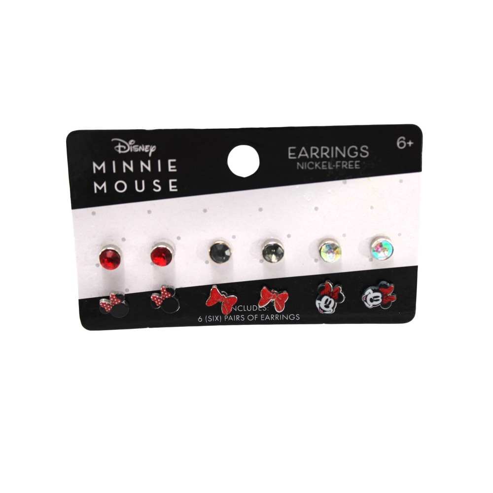 Disney Minnie Mouse 6 Pair Stud Earring Set Nickel Free Rhinestone Bows MM3368